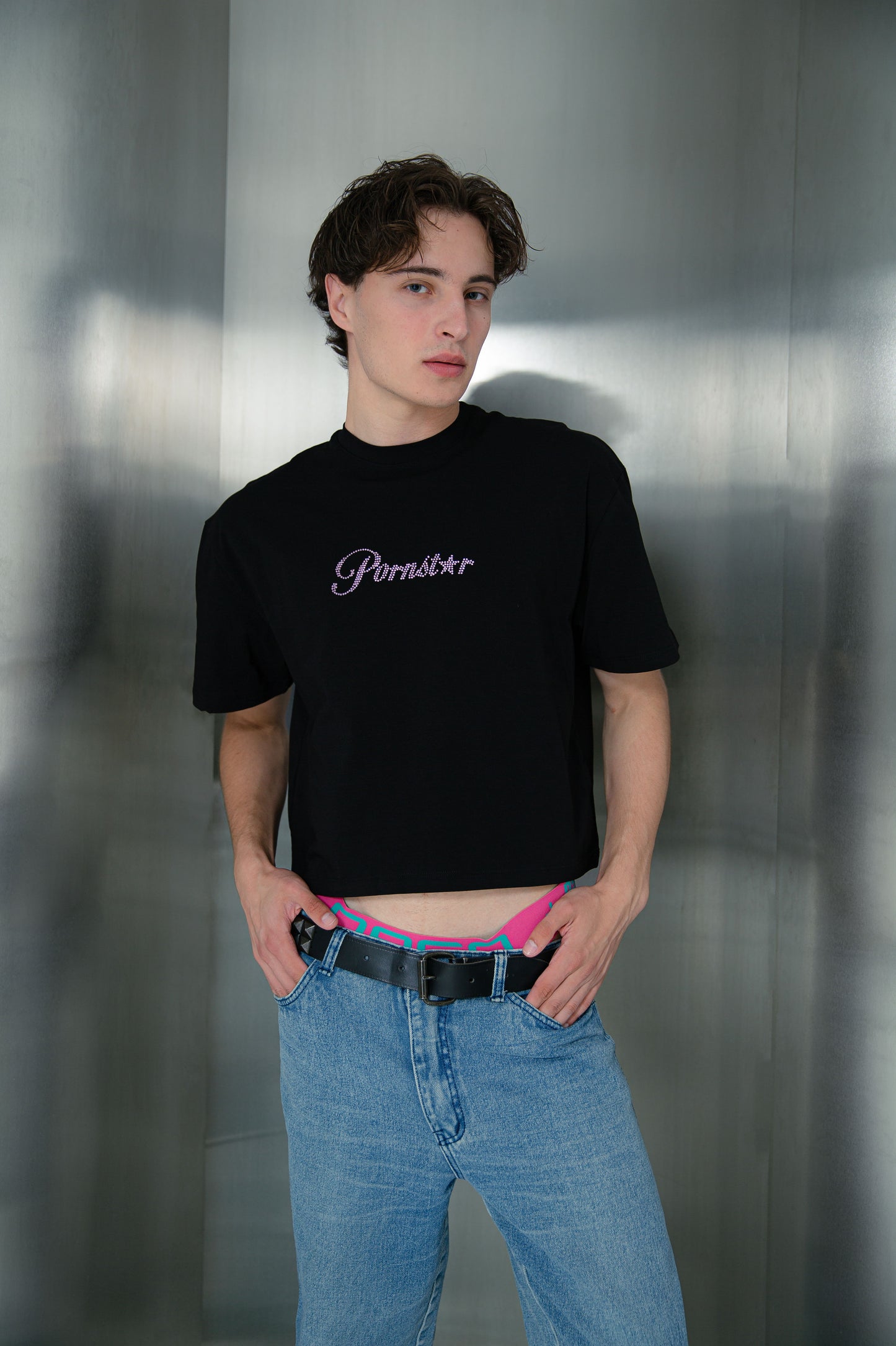 Pornstar t-shirt with pink rhinestones